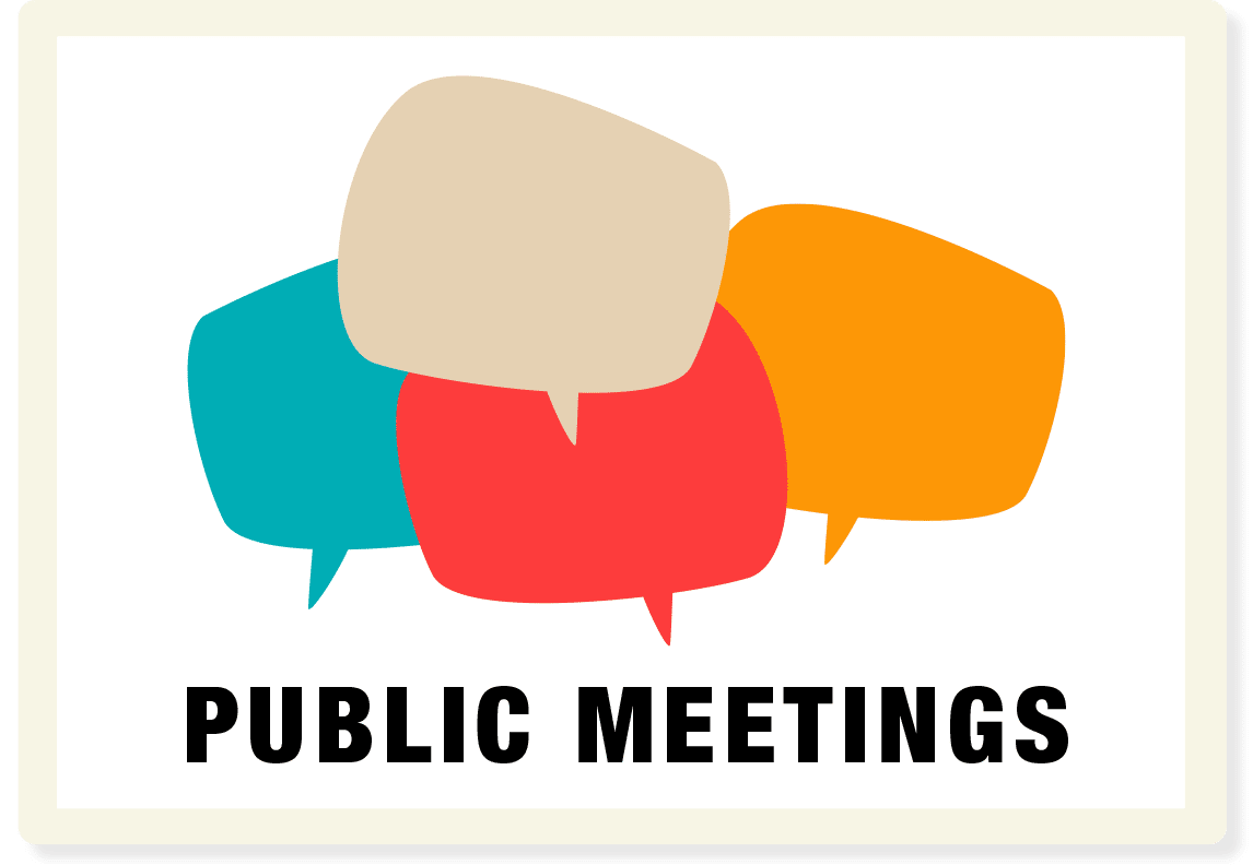 Four colored speech bubbles, public meetings